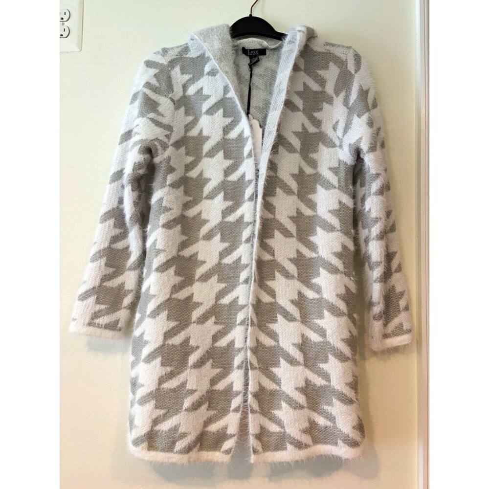 Love Ever After Gray/White Houndstooth Hooded Knit Cardigan Sweater Women’s L